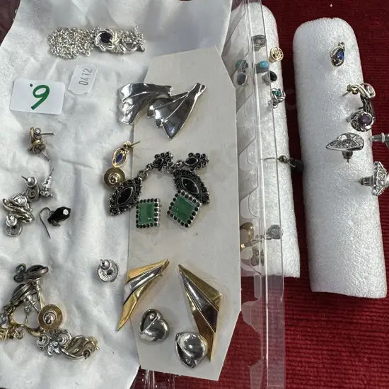 selection of ear studs plus tin of costume jewellery
