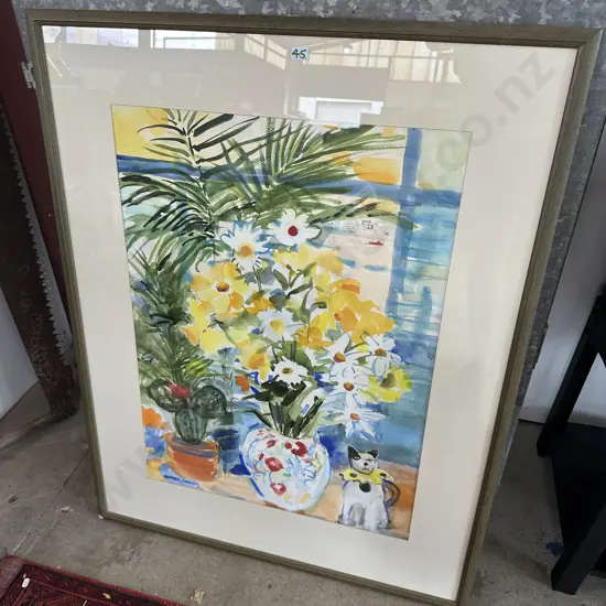 Heather Francis water colour painting 730 x 530 "Mixed flowers & toy dog"