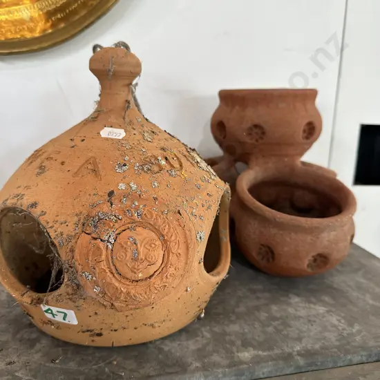 2 pottery items inc Jill & Micheal bird feeder