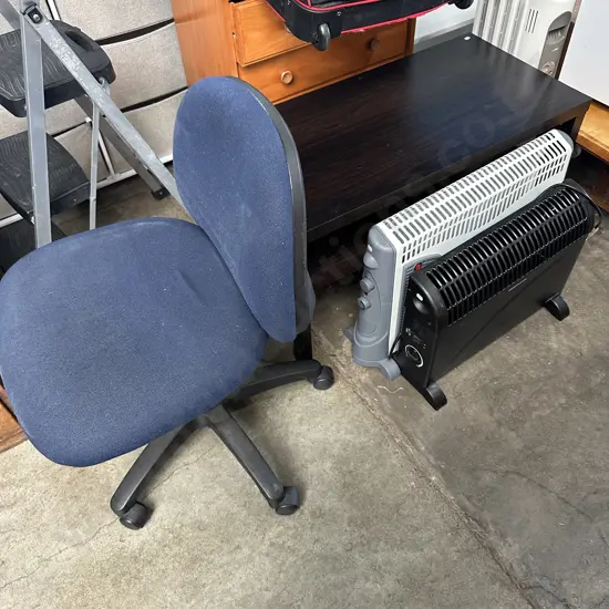 coffee table, office chair, heaters
