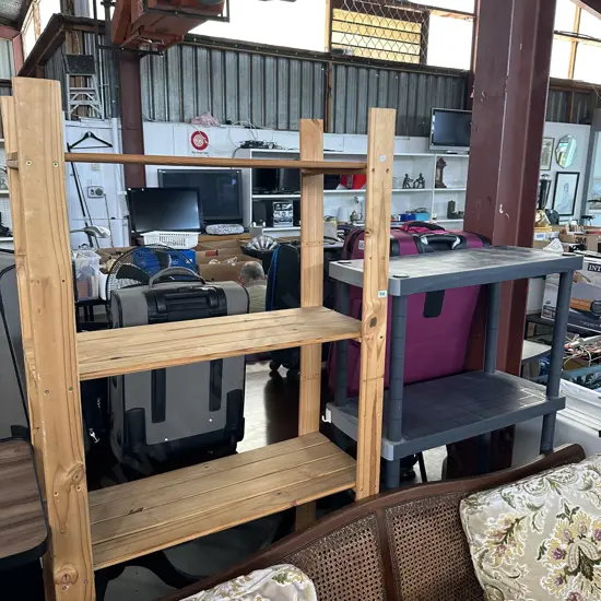 wooden shelf and plastic shelf missing 1 foot