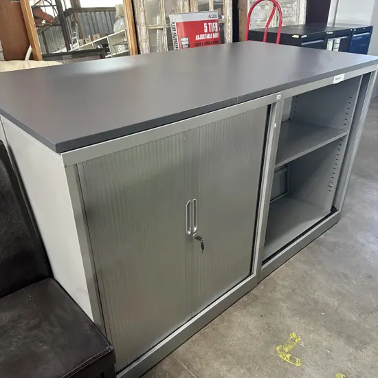 double sided office storage cabinets under working bench (1 cabinet stays open)