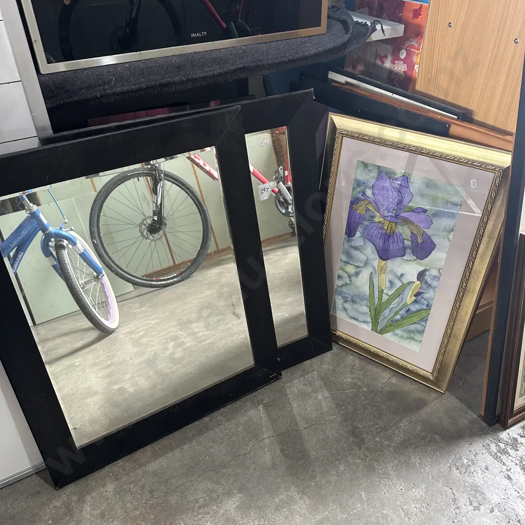Pr mirrors, paintings and prints plus mat, folding chair and spinning wheel Image 1++