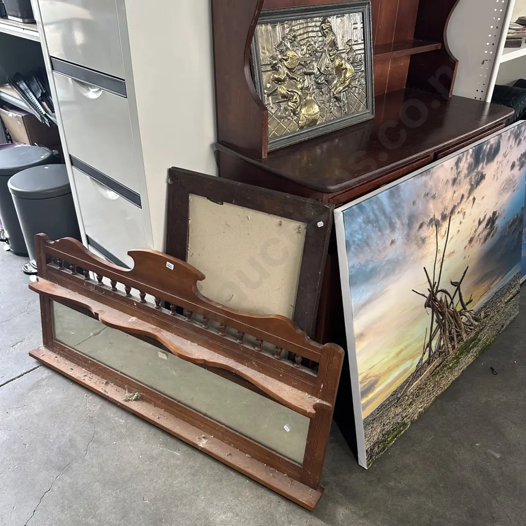 mantle mirror, oak frame, picture and brass art Image 1++