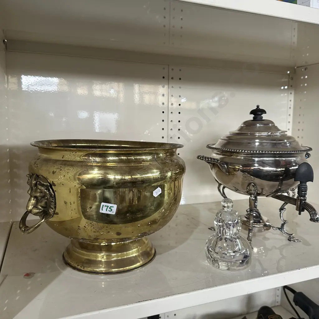 brass bucket, silverware, perfume bottle Image 1++