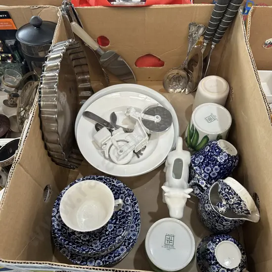 Box lot including English china, silverware and quiche dish etc.