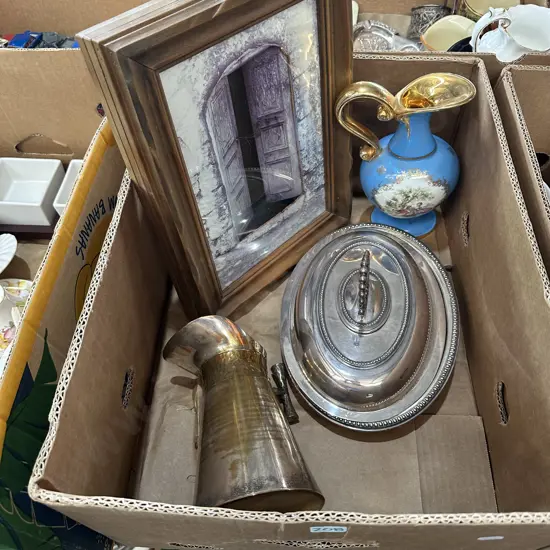 Box lot with large Limoges percaline jug, silverware etc.