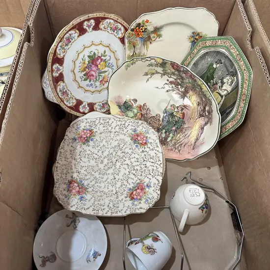 Box lot of china including Royal Albert, J & G Meakin and Royal Doulton etc.