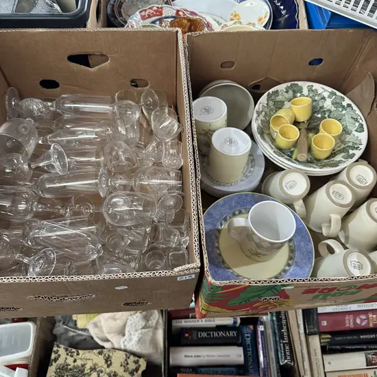 Two boxes of glassware and Royal Doulton Garmina dinnerware, Denby cups etc.