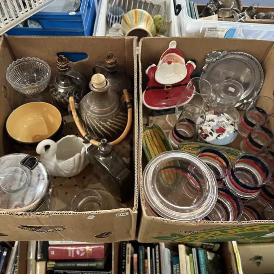 Two boxes pottery items, swan and sweetcorn plates etc.