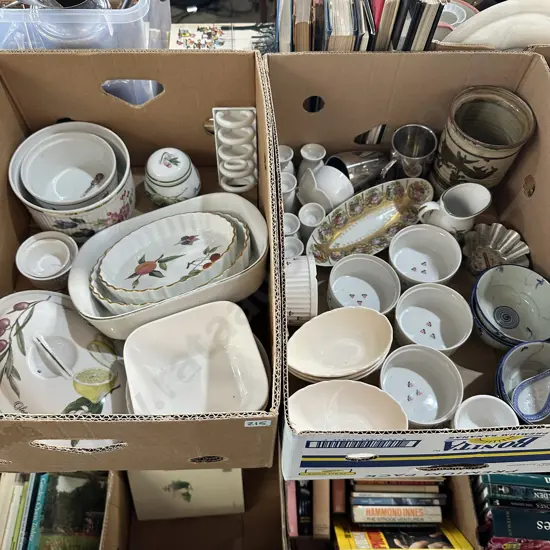 Two boxes including Royal Worcester bakeware, pottery jar etc.