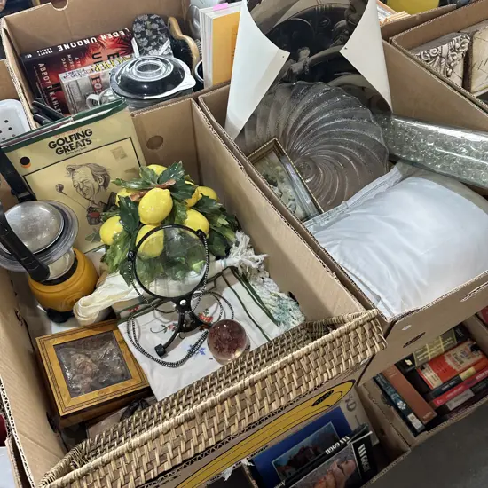 Two boxes with emergency light, cake stand, print, magnifying glass etc.