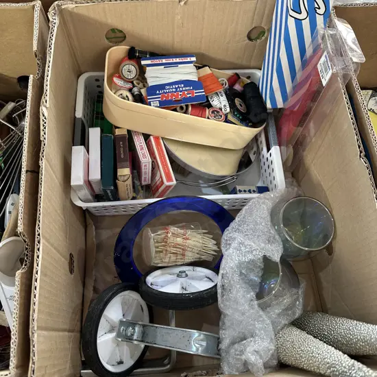 Box lot with sewing items, candles, cards, trainer wheels and shaving mirror etc.