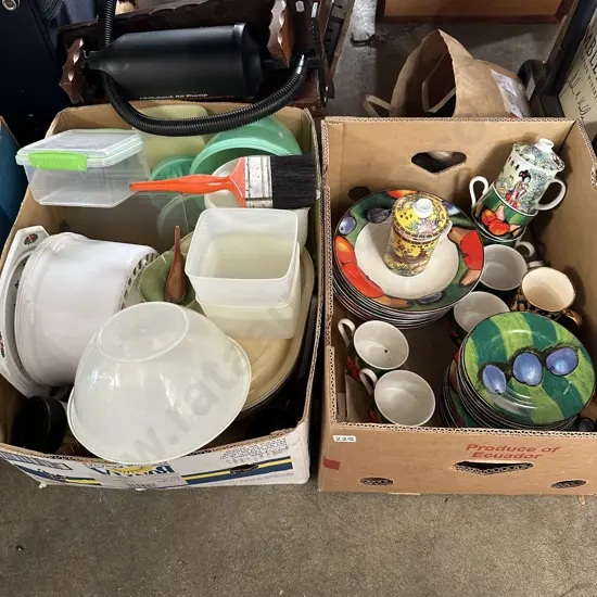Two boxes of dinnerware, Tupperware and Sistema etc.