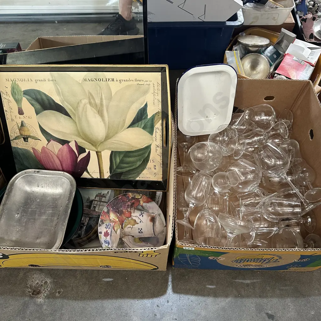 Two boxes glassware, enamelware, trays, mirror and new toilet seat etc. Image 1++