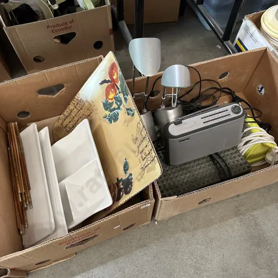 Two boxes Pair of lamps, Sony radio, iron, servers etc.