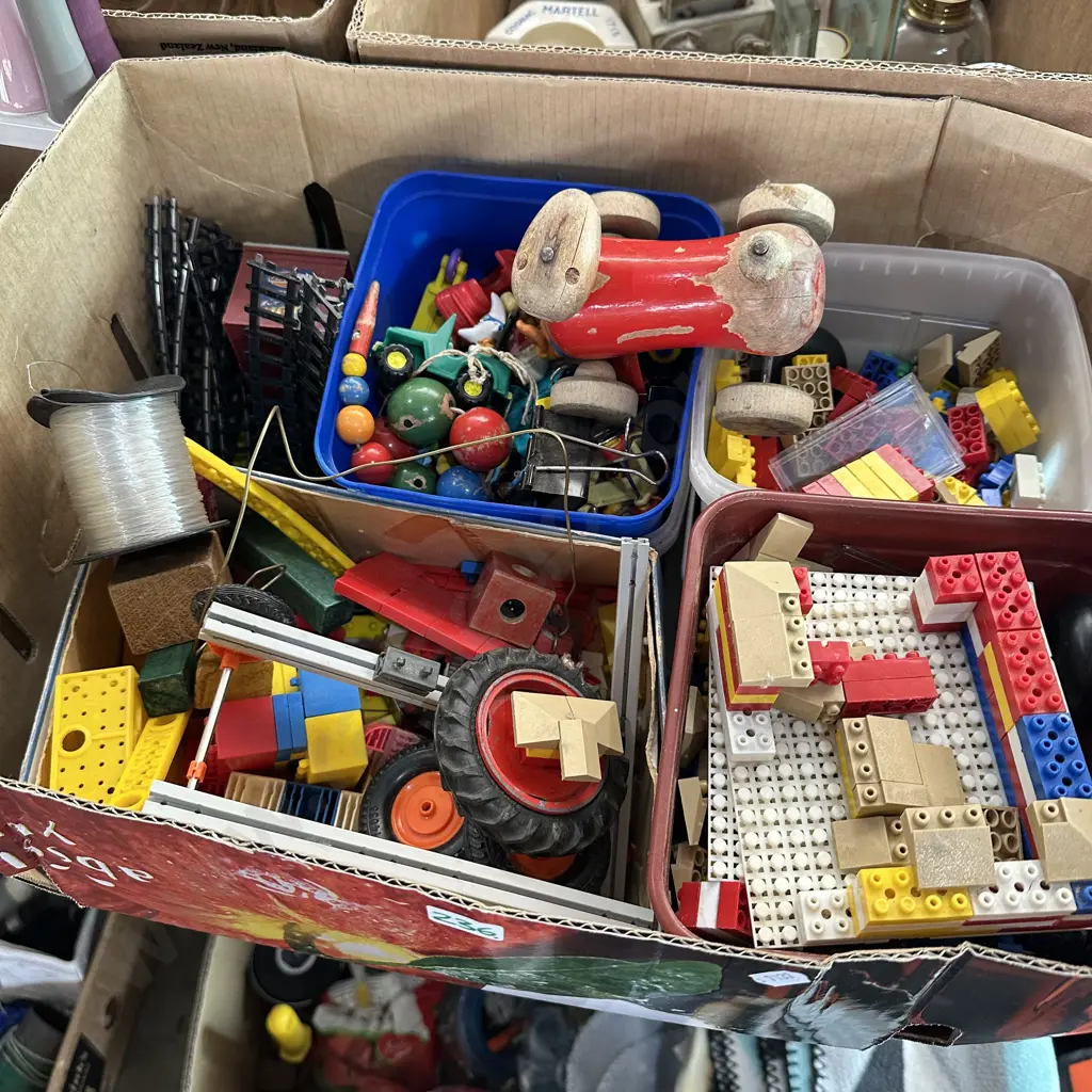 Box of toy blocks, train track, fishing line etc. Image 1++