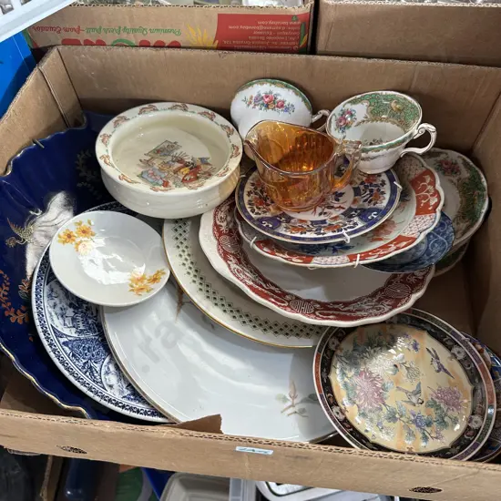Box lot including english china, carnival glass, bunnykins bowl etc.