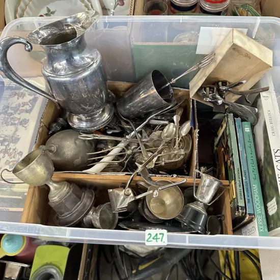 Bin of Silverware, cutlery and books etc.