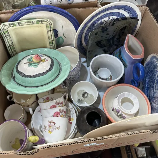 Box lot of english bone china tea sets, copeland spode, blue and white Willow plate etc.