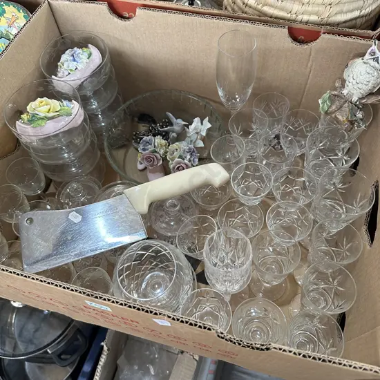 Box lot of glassware, Tramontina meat cleaver etc.