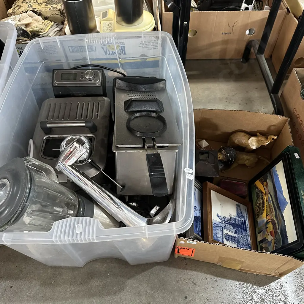 Large bin with deep fryer, blender, milkshake maker plus box of assorted items. Image 1++