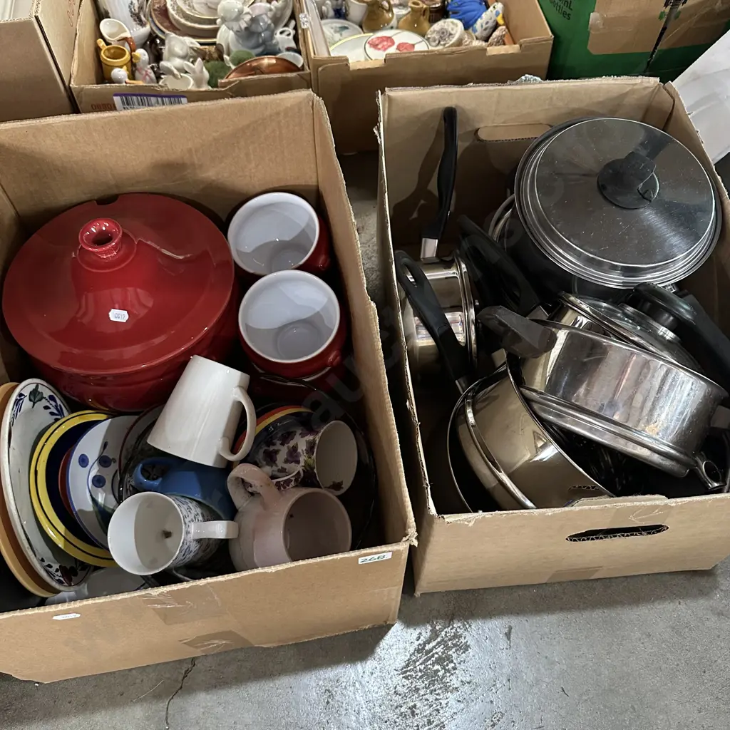 Two boxes pots with lids, crockery and bowl. Image 1++