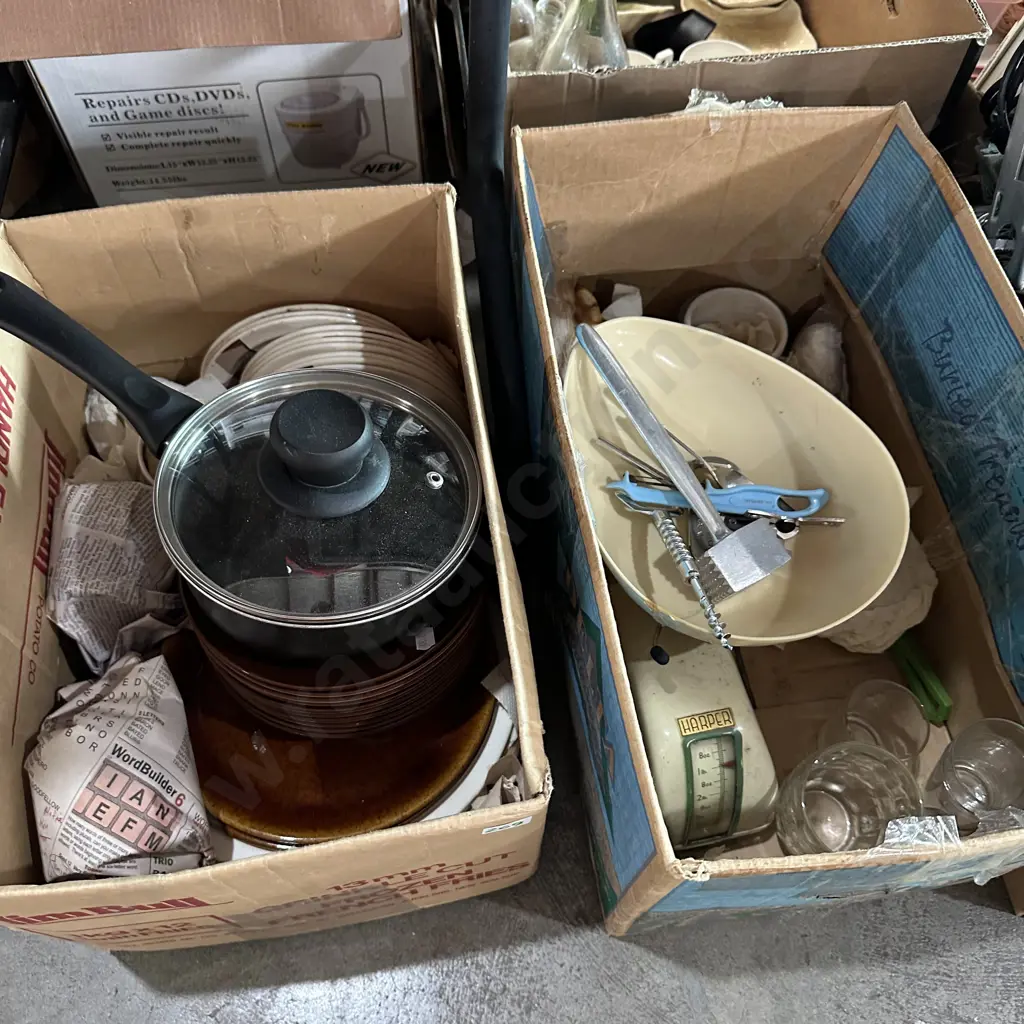 Two boxes Crown Lynn, scales, lidded pot etc. Image 1++