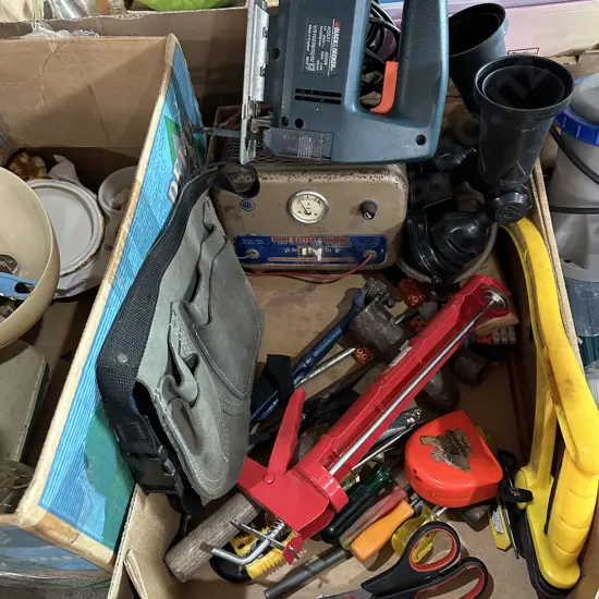 Box lot of tools including jig saw, battery charger, tool belt etc.