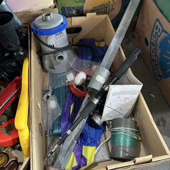 Box lot of fishing items, pool filter pump etc.