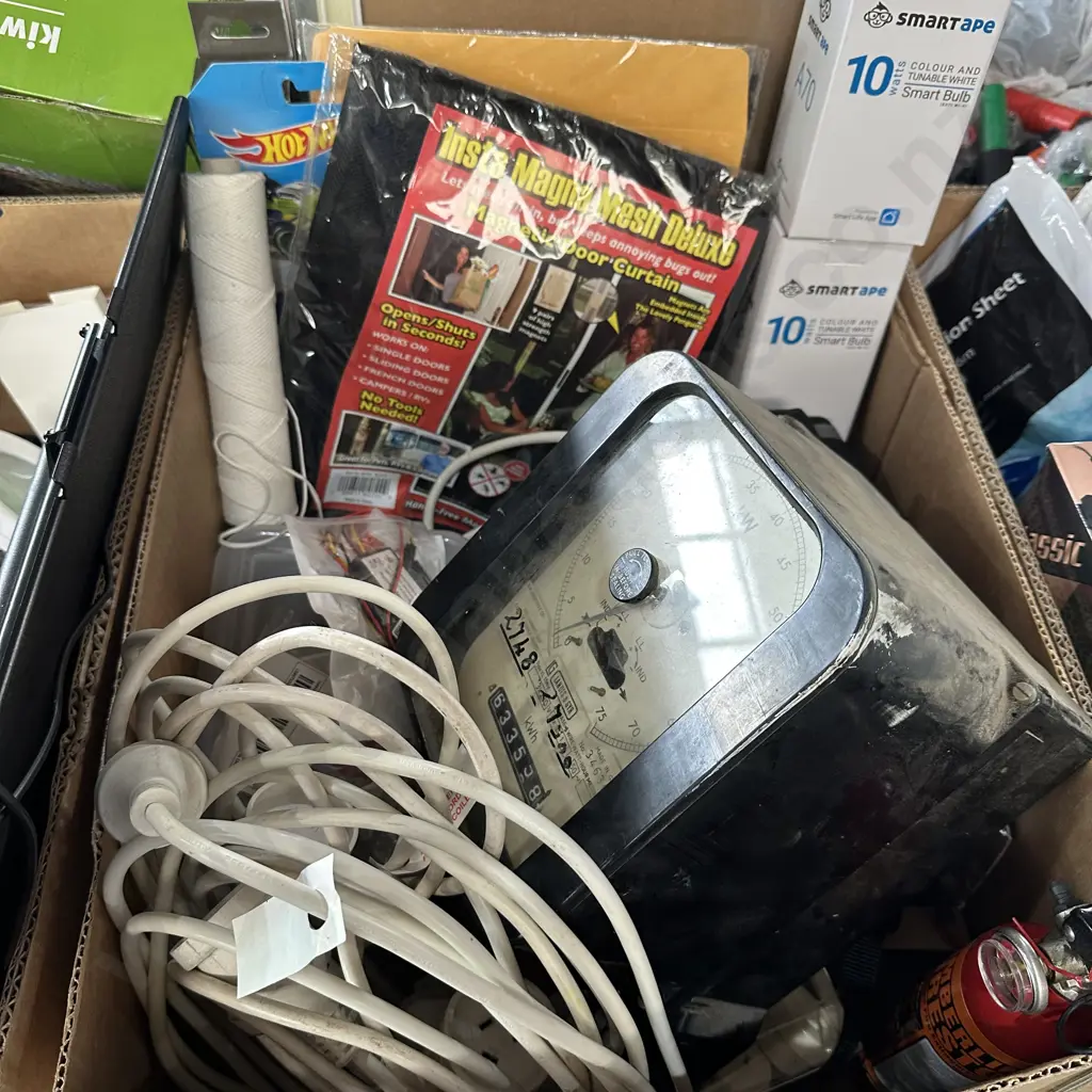 Box lot with new frames and magnetic door curtain, extension leads and three phase KW/H meter etc. Image 1++