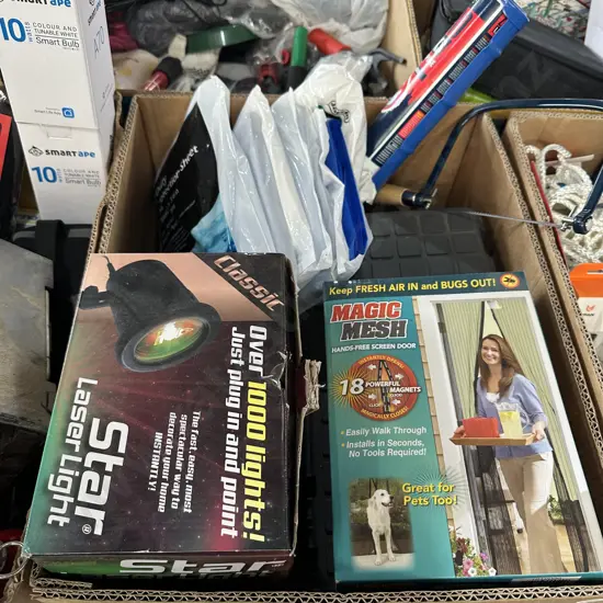 Box lot of new items including toolbox, tools, laser light, magic mesh and plastic protection sheets.