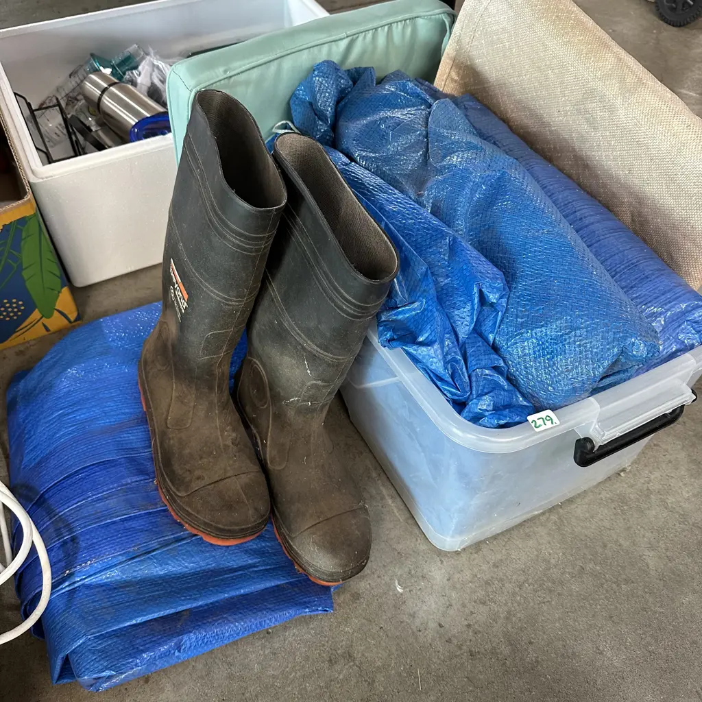 Bin of tarps, fadge and gumboots Image 1++
