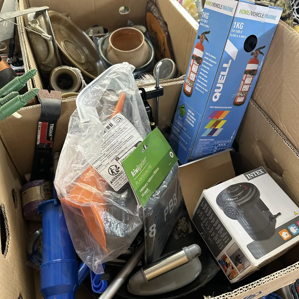 Box of new items including dry powder extinguisher, air bed pump etc. Image 1++