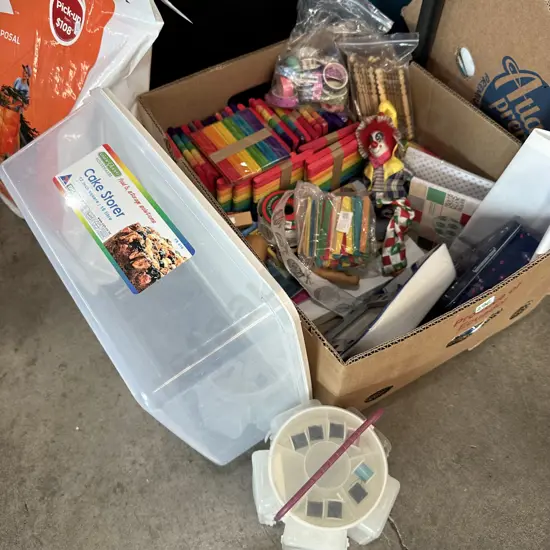 Box of craft items and Cake storer  etc.