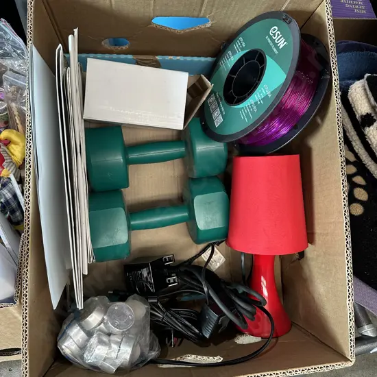 Box lot including weights, lamp, 3D printer filament and prints etc.