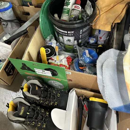 Box lot of some new products including car cleaning, brush cutter blade and strimmer line etc.