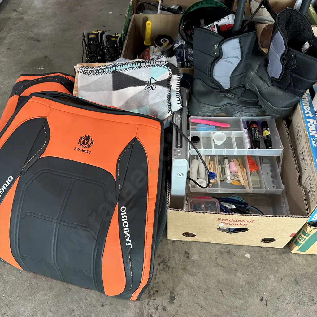 Two boxes car seat covers, craft hobby container, DVD player, blankets and boots Image 1++