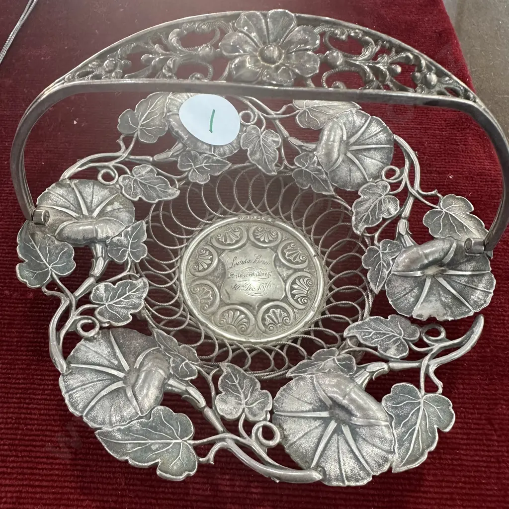 Sterling silver decorative dish with handle 111g Inscribed Louisa Baron "Silver wedding" 1876 Image 1++