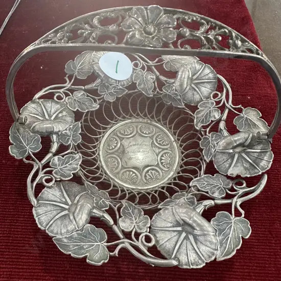 Sterling silver decorative dish with handle 111g Inscribed Louisa Baron "Silver wedding" 1876
