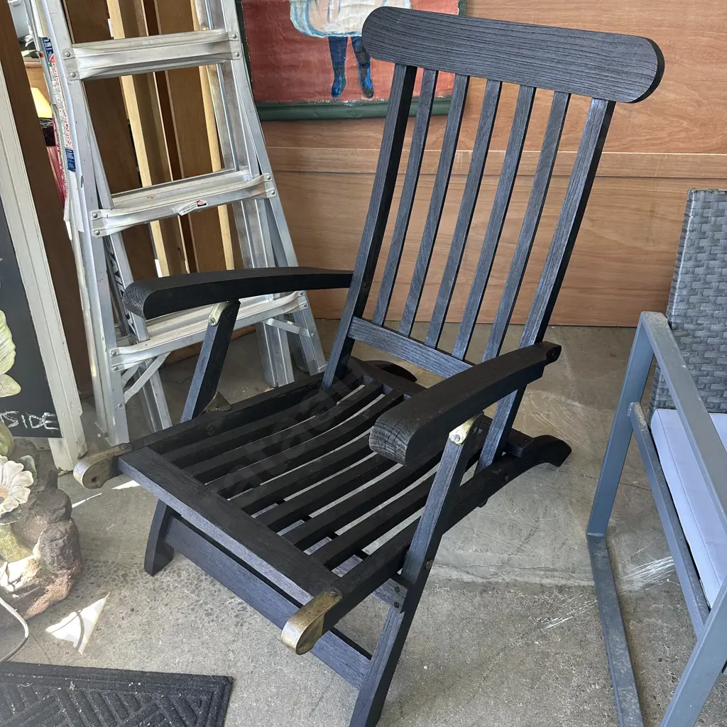 stained Oak & Brass folding ships deck chair, plus squab Image 1++