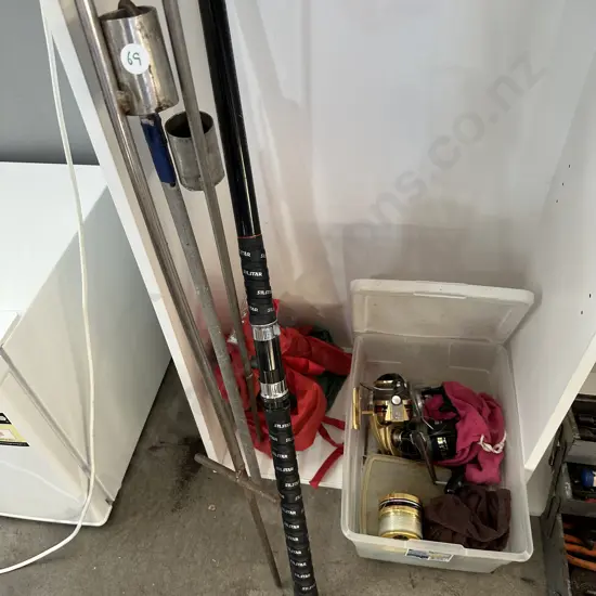 telescopic surf caster, 2 stainless rod holders, asst reels, gaff