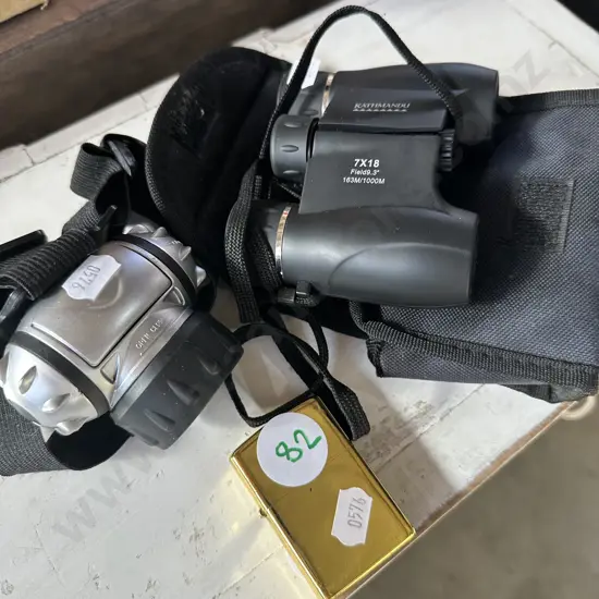 binocs, headlamp and zippo