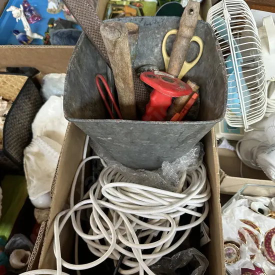 electrical leads and bucket of tools