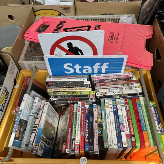 2 bins, DVDs, glassware, signage