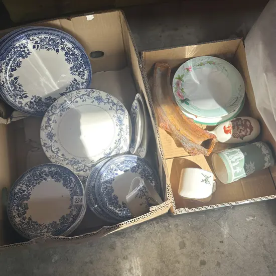 2 boxes blue white china and NZ railways cup, pottery flower trough etc