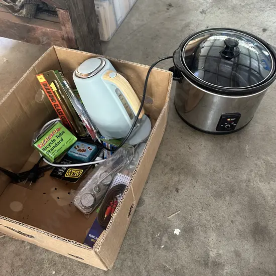 slow cooker (missing knob), jug, bike repair stuff, glass cutters