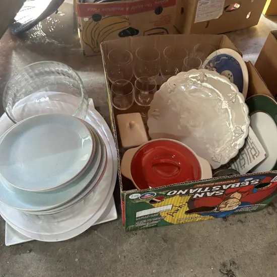 large lot kitchenware, part dinner set, glassware, platers etc