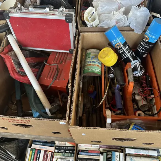 2 boxes jumper leads, charger, grease gun, tools etc