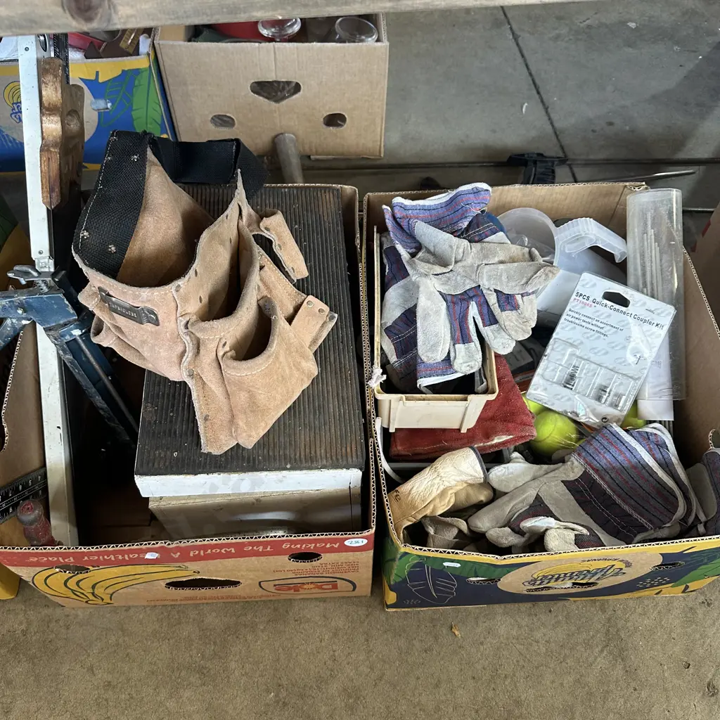 2 boxes new gloves, builders belt, tools etc Image 1++